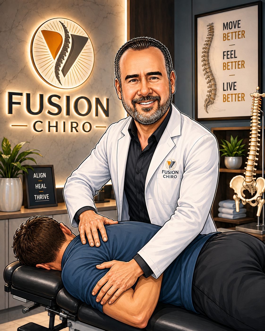 Illustration of Dr. Don Chiappetta performing a chiropractic adjustment