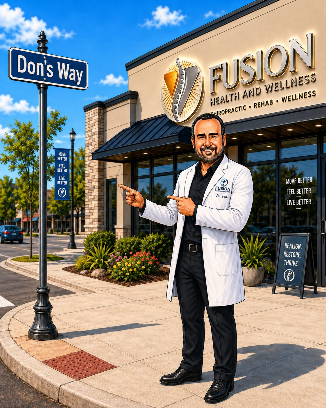 Illustrated character of Dr. Don Chiappetta pointing at the Don's Way street sign